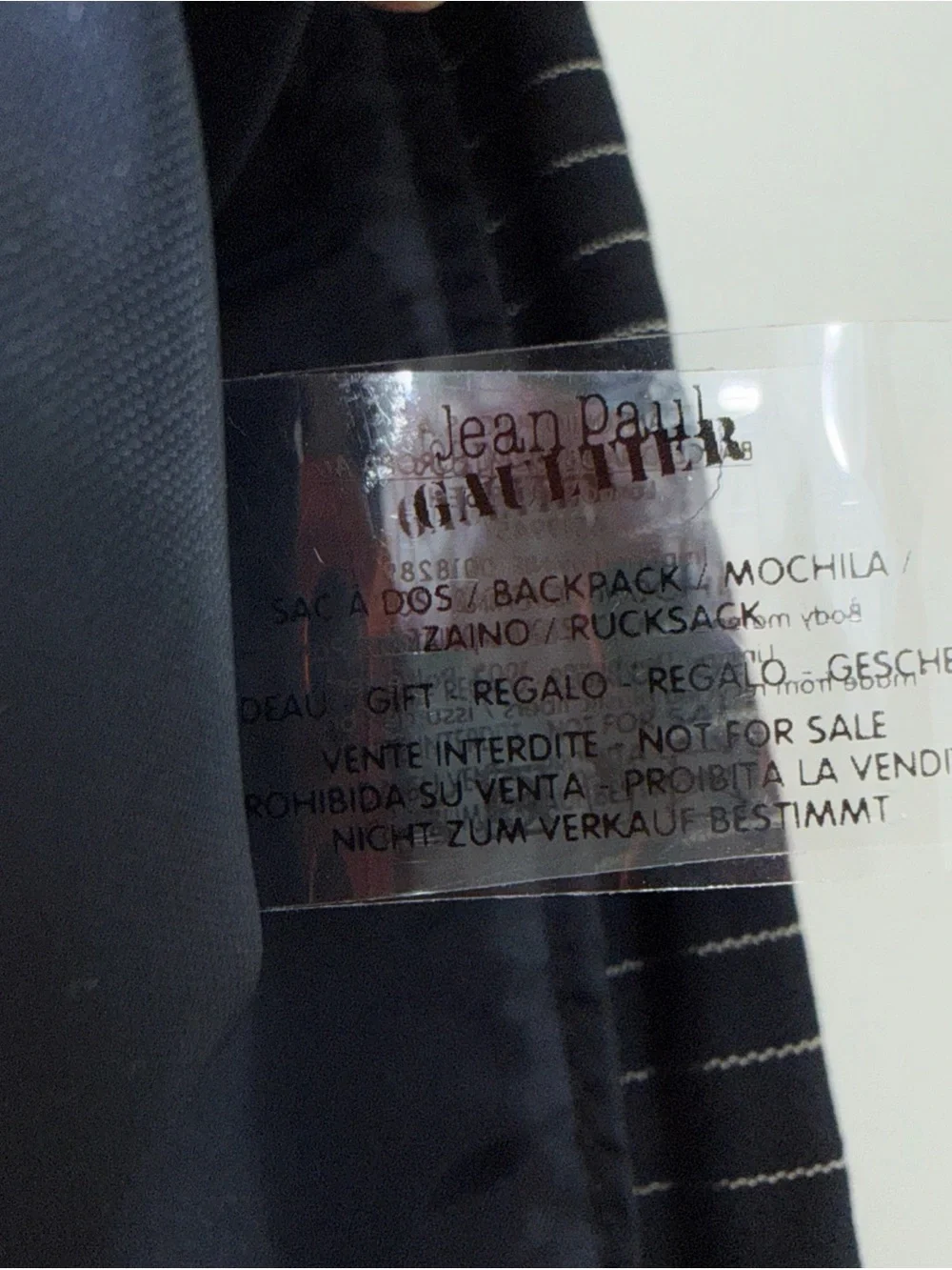 Jean Paul Gaultier Parfums PINSTRIPE BACKPACK Black NYLON INTERIOR Logo Bag NWOT